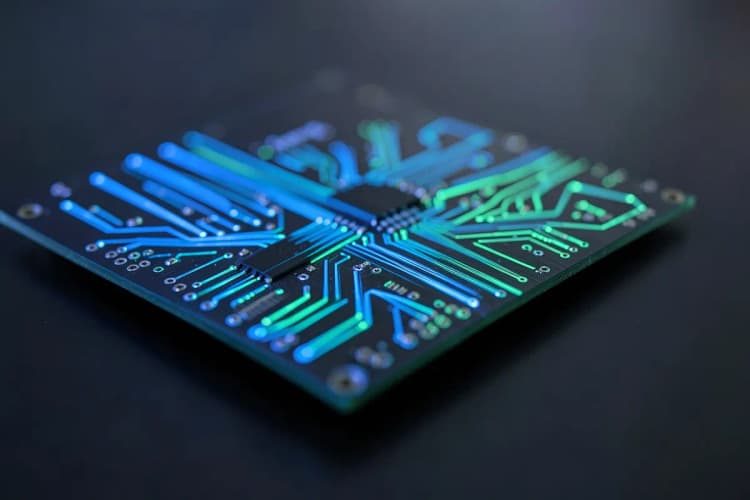 Um close-up de um circuito eletrônico intrincado com fios de luz azuis e verdes pulsando através dele, em uma superfície preta, luz suave vinda de baixo, sem pessoas.