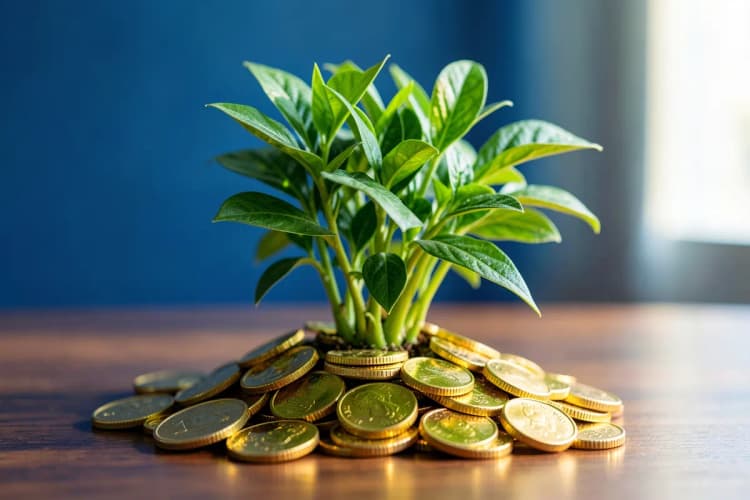 Uma planta verde vibrante crescendo de um monte de moedas de ouro em uma superfície de madeira, luz suave do sol entrando pela direita, plano médio, sem pessoas.