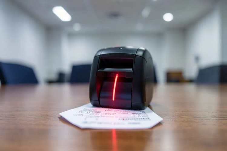 Um scanner de código de barras moderno emitindo um feixe de luz vermelha sobre uma nota fiscal em uma mesa de escritório, plano próximo, luz de escritório vinda de cima, sem pessoas.
