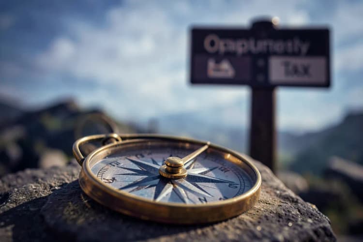 Uma bússola apontando para um caminho com sinais de 'oportunidade' e 'imposto'.