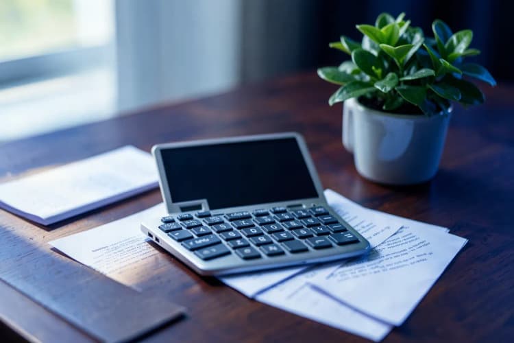 Calculadora e papéis de negócios em uma mesa com uma planta pequena ao lado