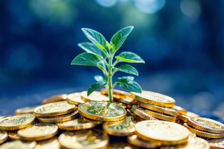 Uma planta crescendo de um monte de moedas de ouro