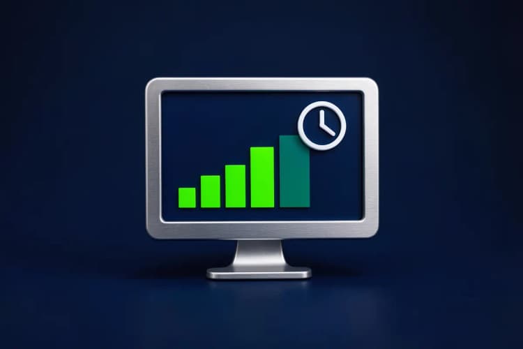 Um ícone de computador exibindo um gráfico de barras crescente e um relógio, simbolizando serviços digitais e eficiência.