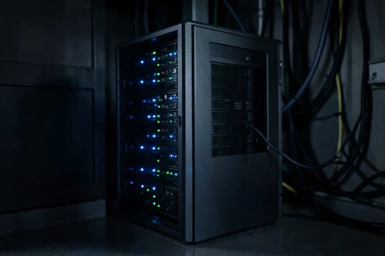 Um servidor de computador com luzes piscando e um cabo de rede desconectado, indicando problemas de conexão.