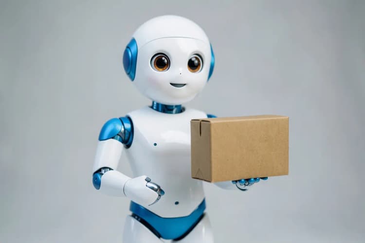 Um robô amigável entregando um pacote para uma pessoa, simbolizando ajuda na automação de processos.