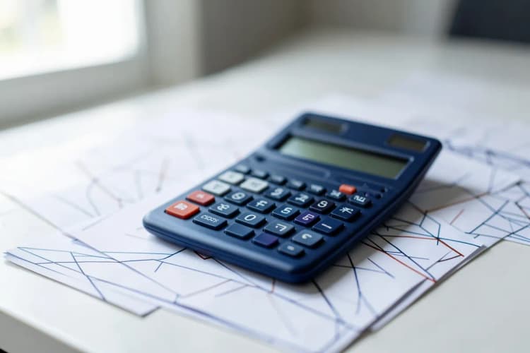 Calculadora e papéis com números e gráficos sobre uma mesa de escritório.