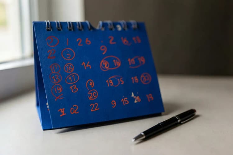 Calendário com datas marcadas e uma caneta ao lado, representando prazos fiscais.