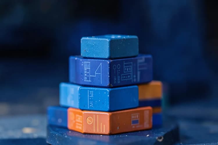 Conjunto de blocos de construção empilhados formando uma estrutura estável, com alguns blocos representando dados.