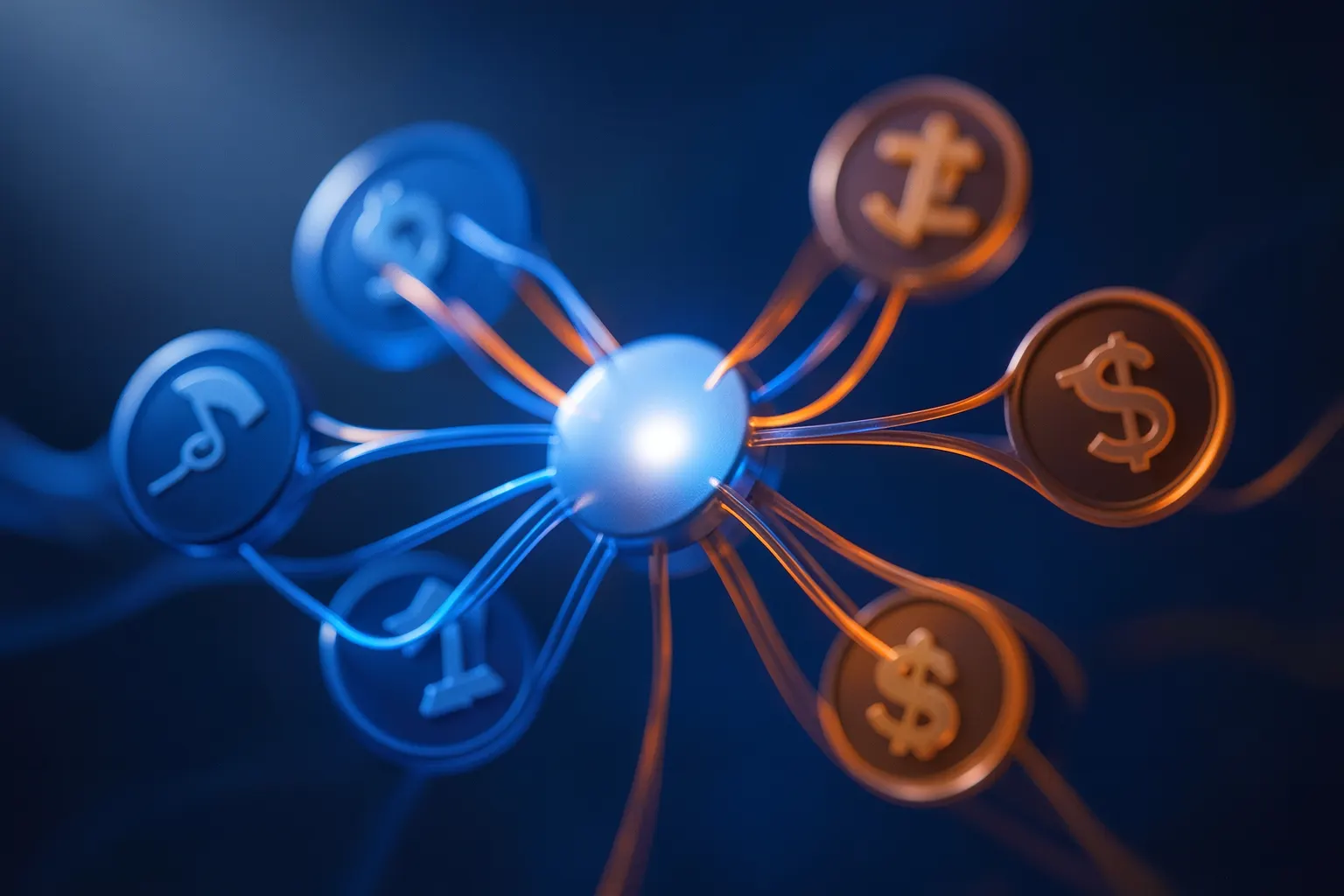 Diagrama abstrato de fluxos de dados conectando diferentes ícones fiscais e financeiros, com um brilho central.
