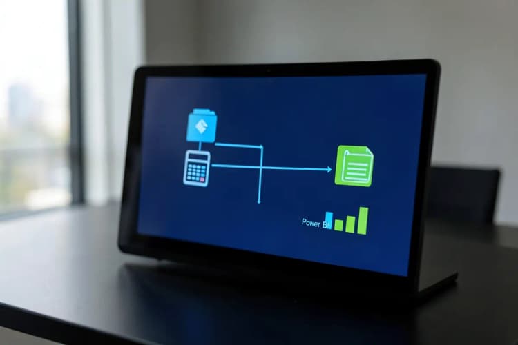 Diagrama de fluxo conectando ícones de documentos fiscais a um ícone de gráfico do Power BI.