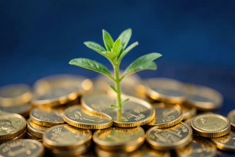 Planta crescendo em um monte de moedas, simbolizando otimização de análise fiscal.