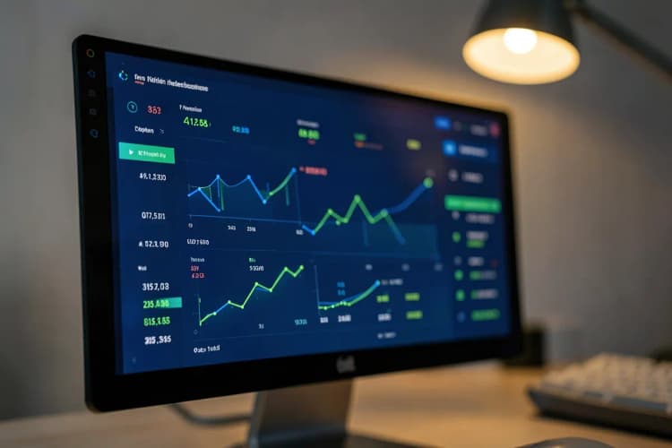 Tela de computador exibindo um painel de BI com gráficos e números.
