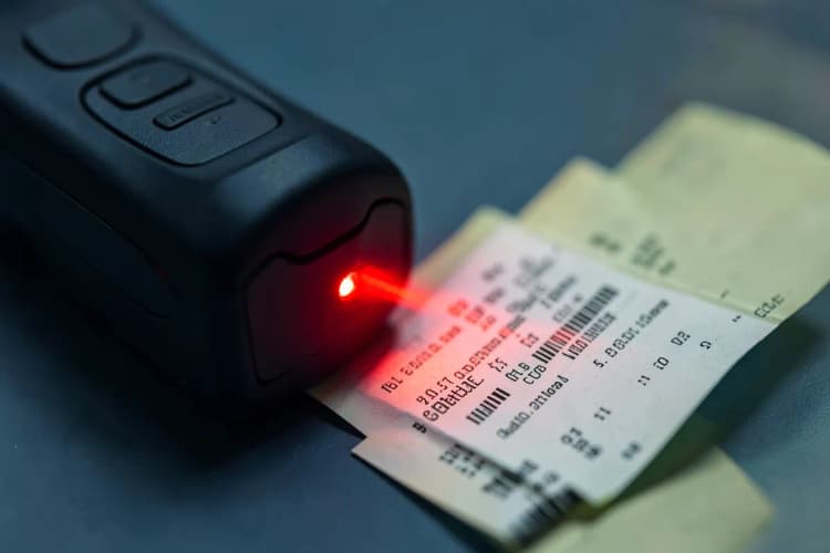Um scanner óptico de código de barras emite uma luz vermelha sobre uma nota fiscal, capturando informações detalhadas.