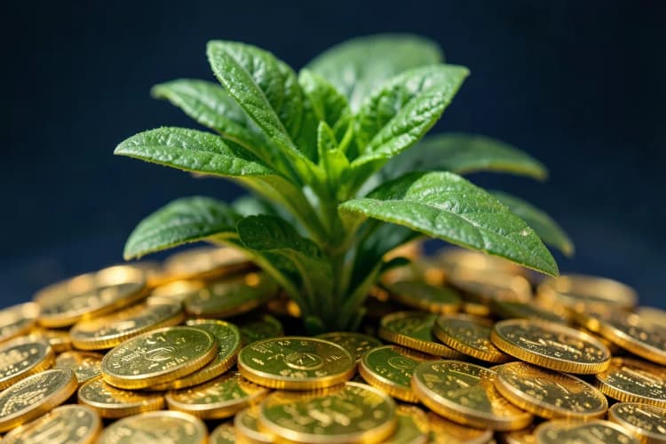 Uma planta crescendo vigorosamente de um monte de moedas de ouro, simbolizando o aumento de produtividade e retorno financeiro.