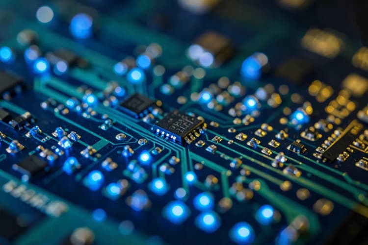 Um close-up de um circuito eletrônico com luzes de LED azuis brilhantes, simbolizando tecnologia e processamento de dados avançado.