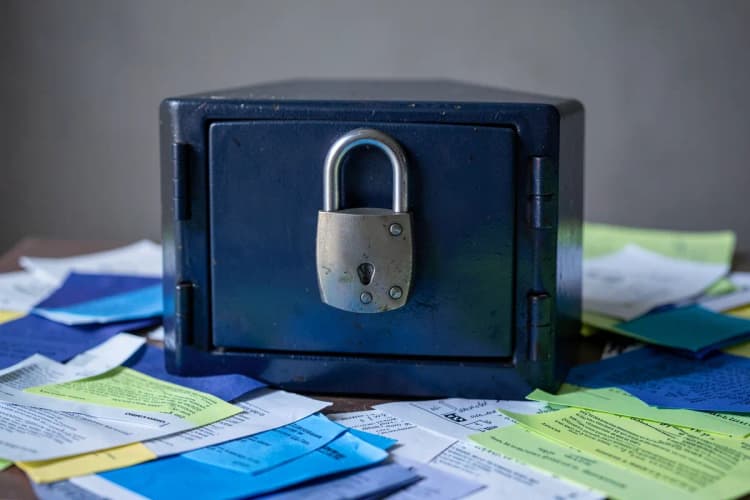 Um cofre de metal com um cadeado fechado, cercado por documentos e papéis.