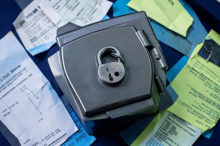 Um cofre de metal com um cadeado fechado, cercado por documentos e papéis.