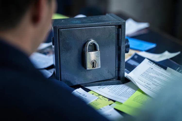 Um cofre de metal com um cadeado fechado, cercado por documentos e papéis.