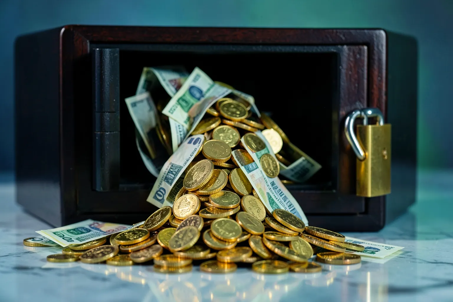 Uma pilha de moedas de ouro e notas de dinheiro em cima de um cofre aberto, com um cadeado dourado.