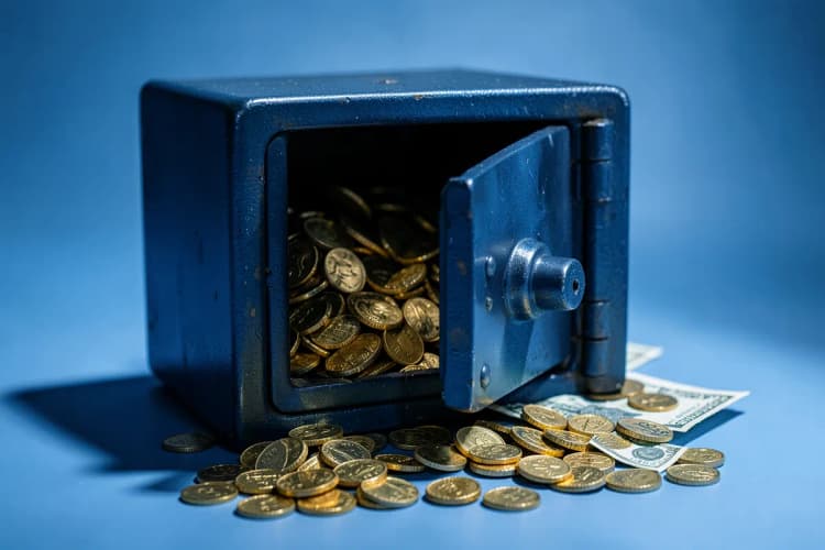 Cofre de banco aberto com notas de dinheiro e moedas transbordando.