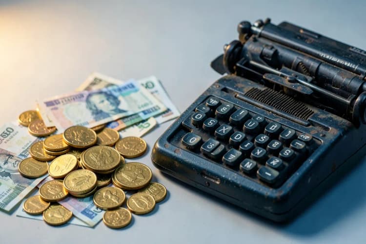 Calculadora antiga ao lado de uma pilha de moedas e notas de dinheiro.