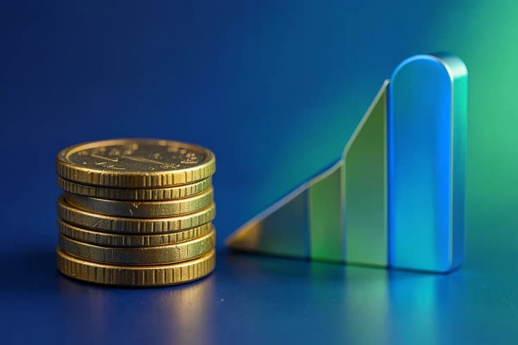 Gráfico de barras ascendente com moedas de ouro empilhadas ao lado, simbolizando crescimento financeiro.